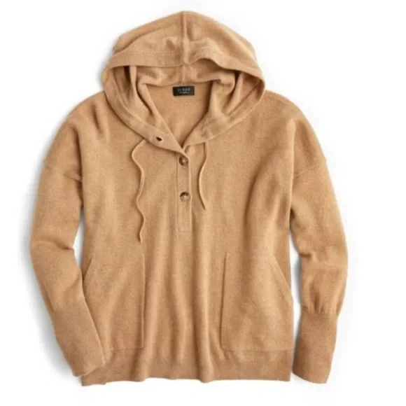 J.Crew Everyday Cashmere Pullover Hoodie in Heather Camel Henley Sweater M - Picture 1 of 5